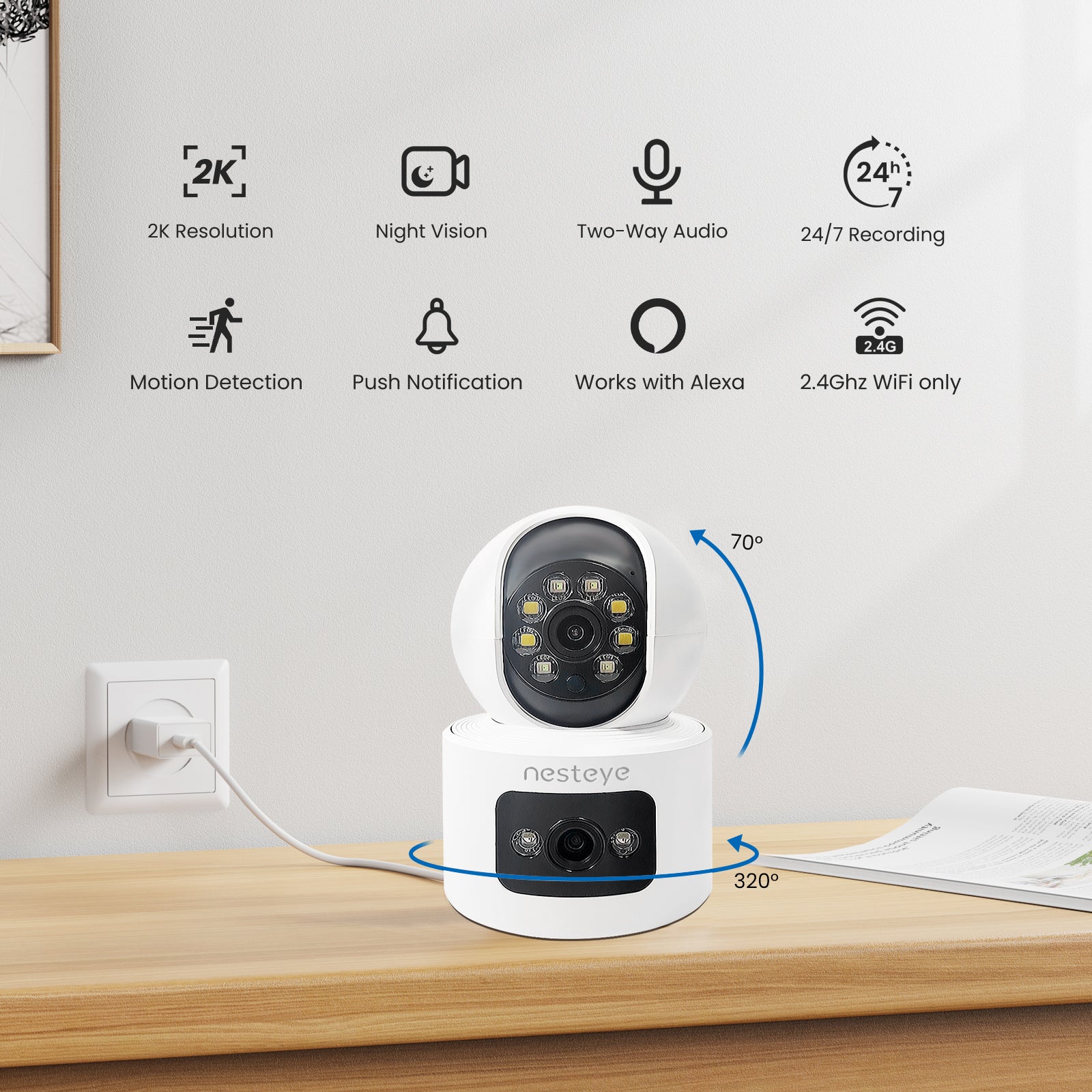 Ultra HD indoor portable dual-camera, 2K high-definition, large memory storage card, WiFi/5G connectivity, remote control, live monitoring/motion tracking, multifunctional mini camera.