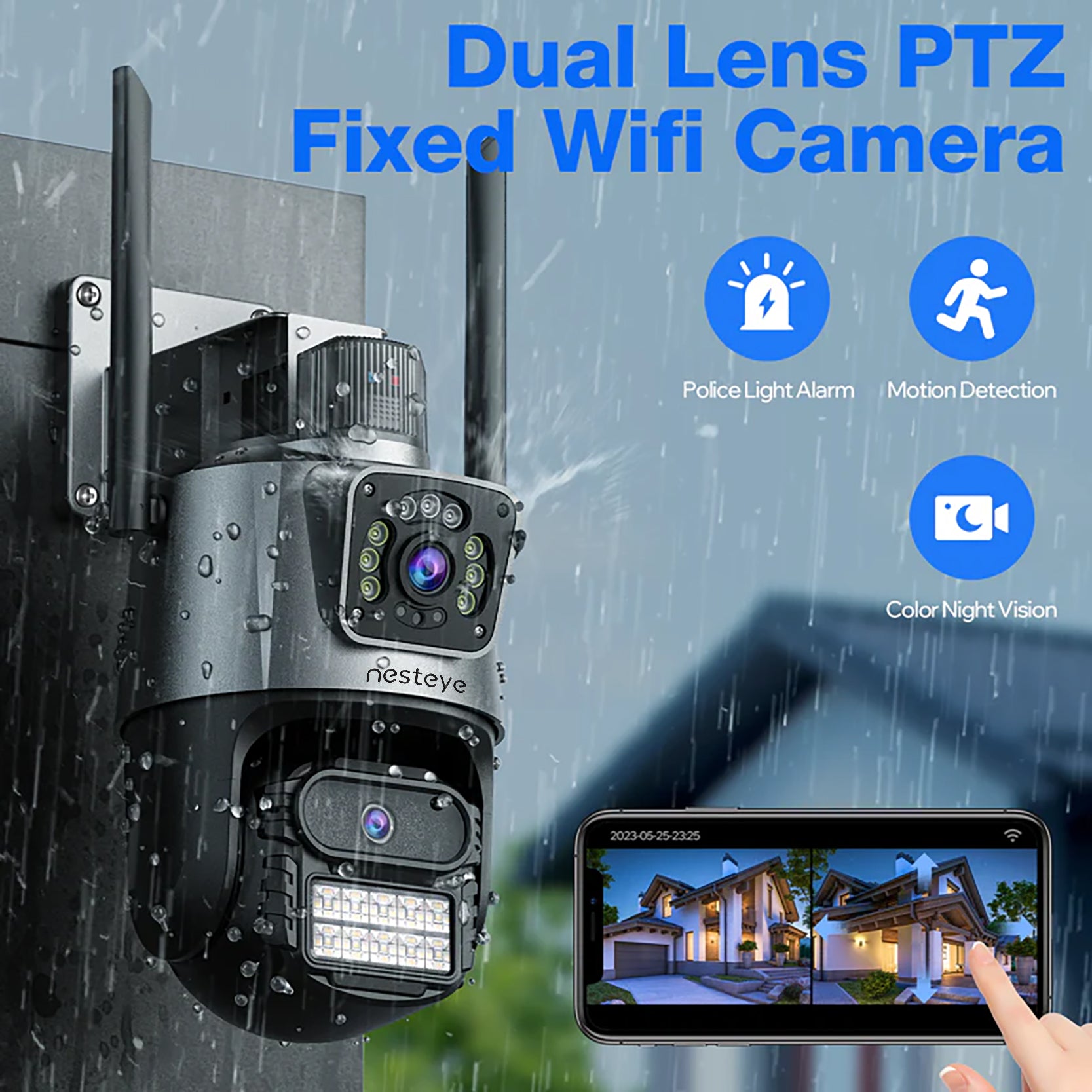 Yard Guard! Outdoor HD Wi-Fi/5G multifunctional quad ultra-HD cameras with built-in monitoring alarm, LED super flash, and remote control.