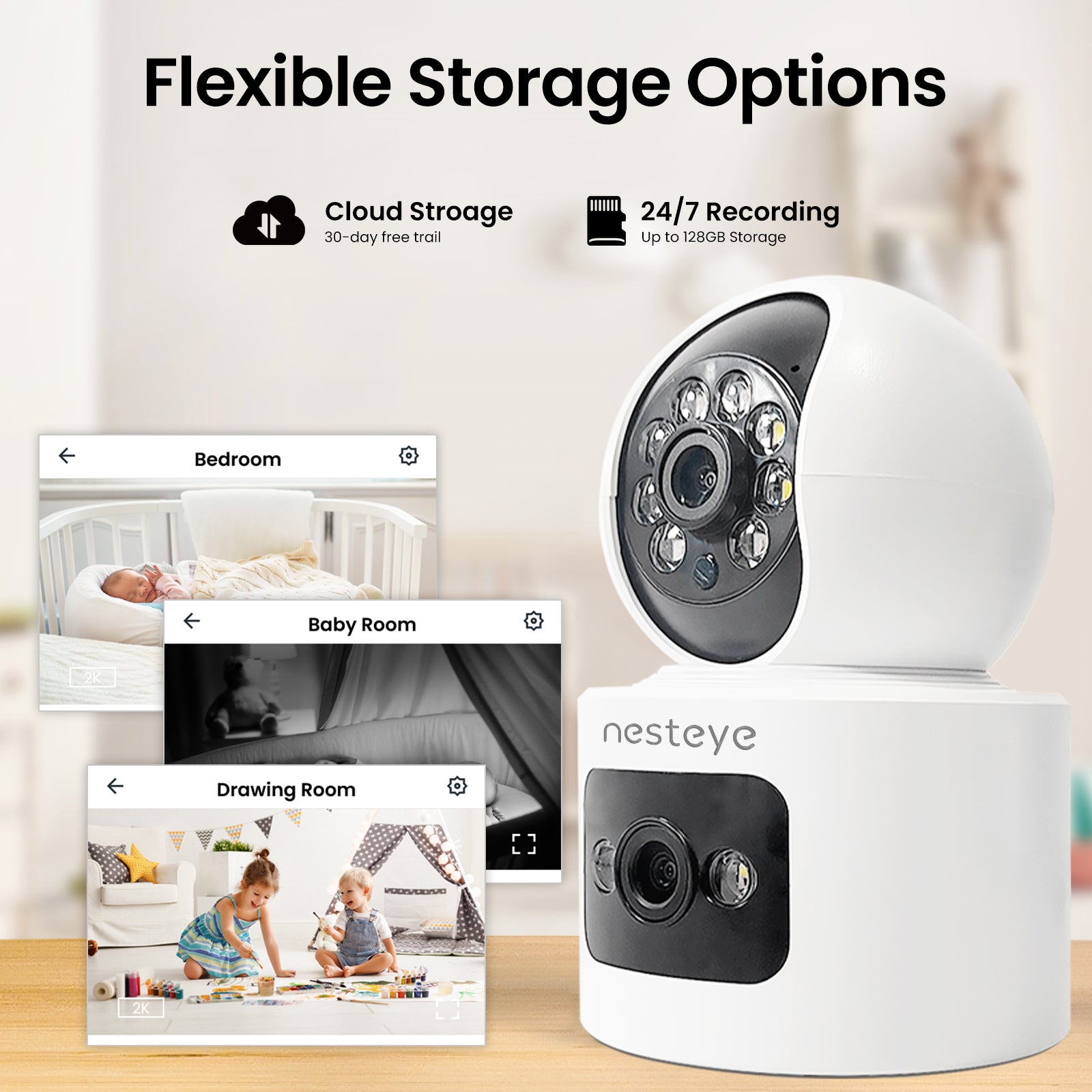 Ultra HD indoor portable dual-camera, 2K high-definition, large memory storage card, WiFi/5G connectivity, remote control, live monitoring/motion tracking, multifunctional mini camera.