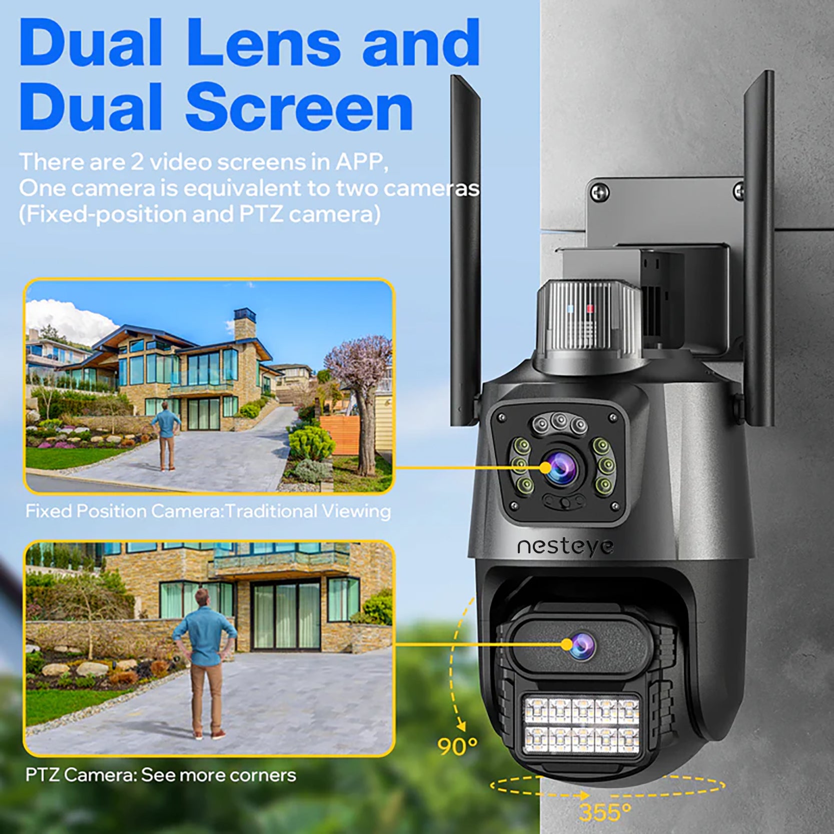 Yard Guard! Outdoor HD Wi-Fi/5G multifunctional quad ultra-HD cameras with built-in monitoring alarm, LED super flash, and remote control.