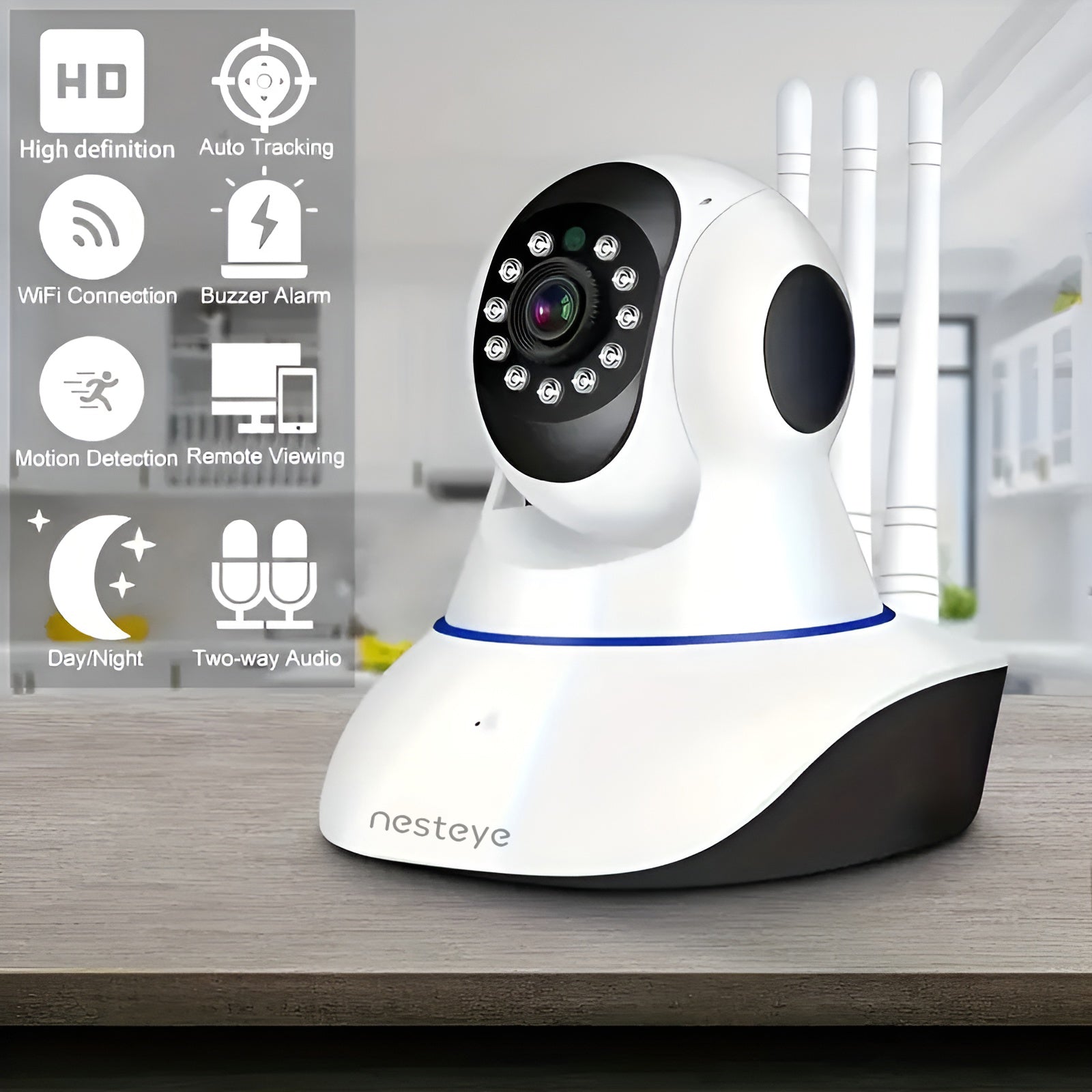 Full HD 1080P WiFi IP camera 2 lenses, with smart features such as night vision, motion detection, remote monitoring, two-way audio, and cloud storage support.