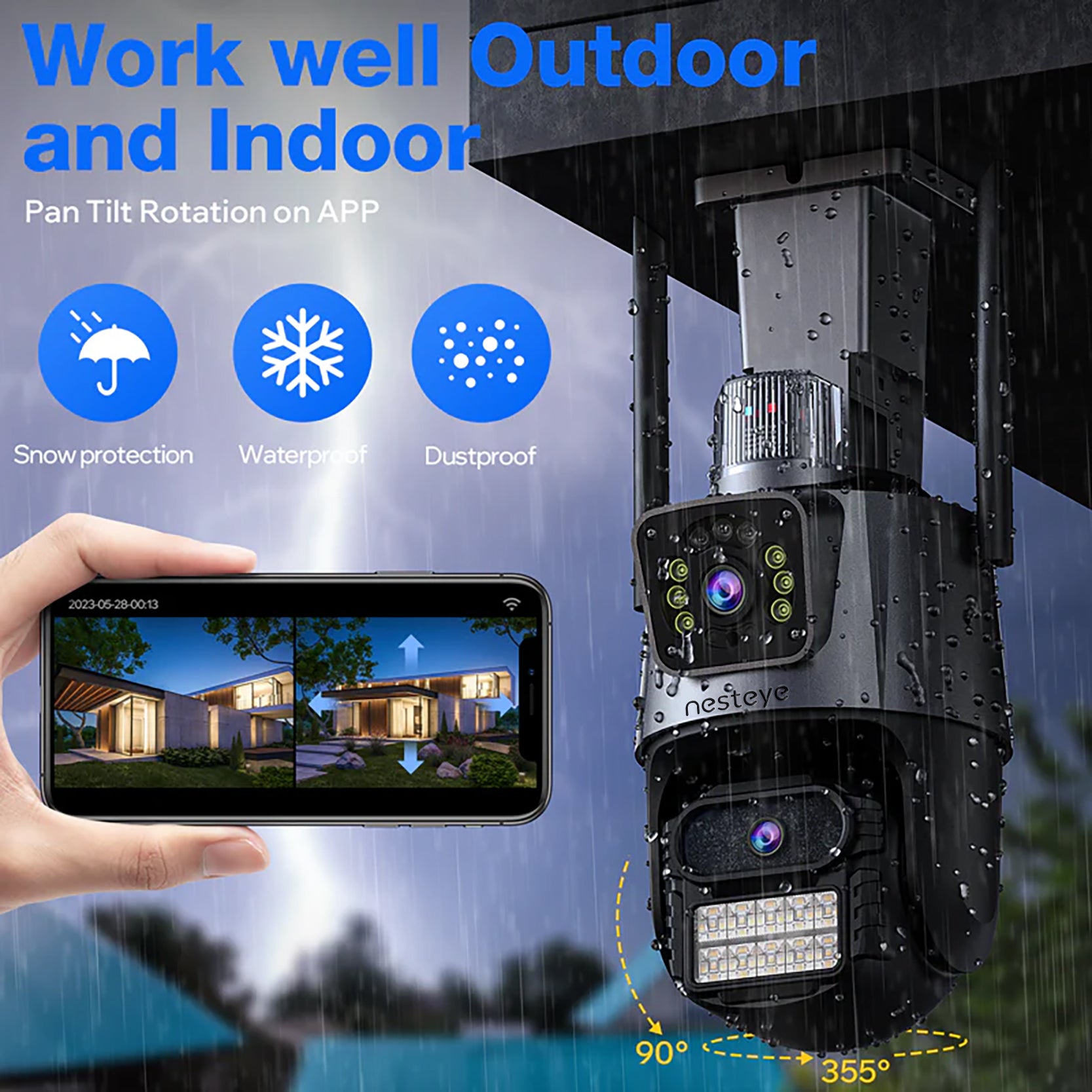 Yard Guard! Outdoor HD Wi-Fi/5G multifunctional quad ultra-HD cameras with built-in monitoring alarm, LED super flash, and remote control.