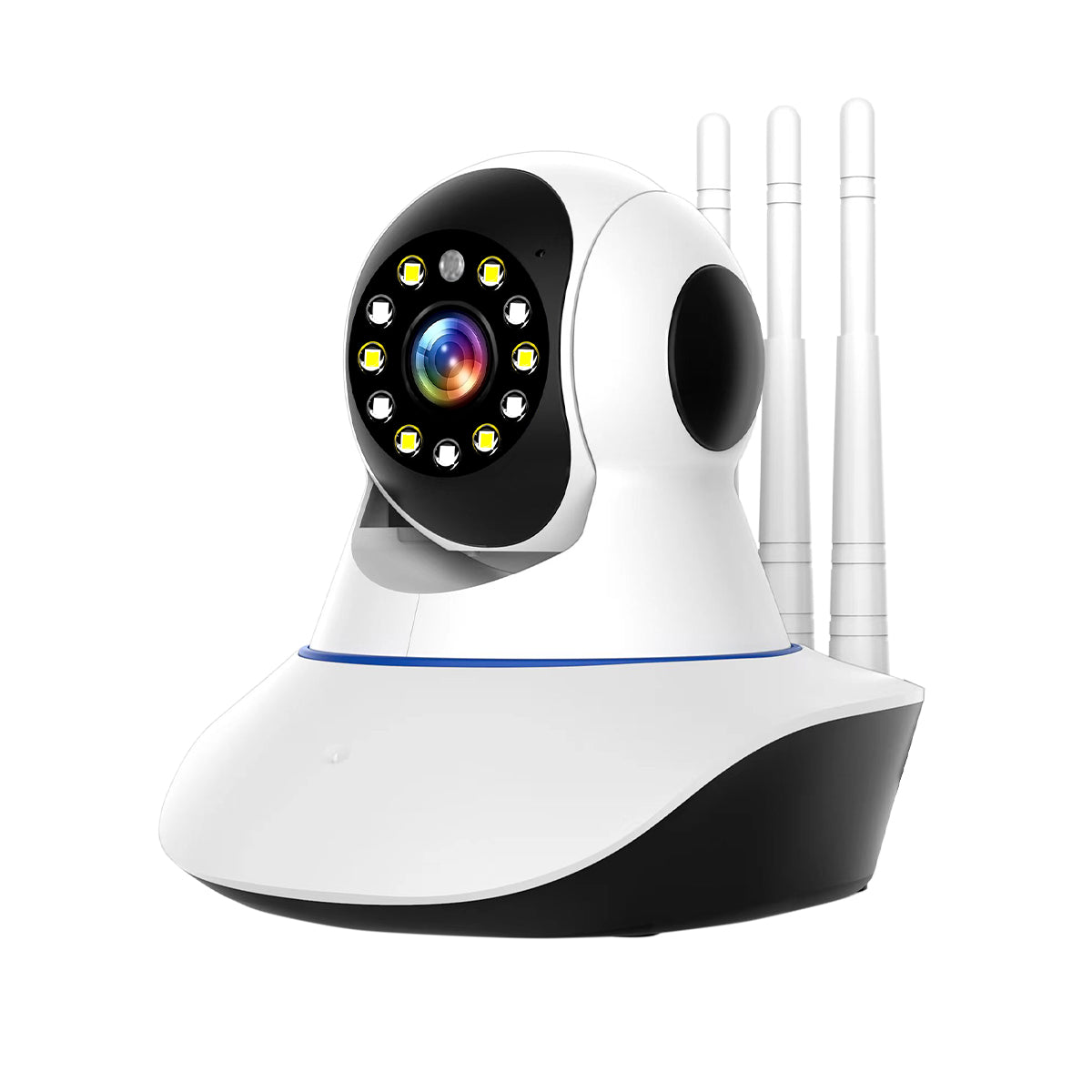 Full HD 1080P WiFi IP camera 2 lenses, with smart features such as night vision, motion detection, remote monitoring, two-way audio, and cloud storage support.